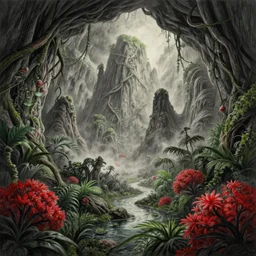 a beautiful pencil artwork of cosmic horror in a prehistoric jungle cave, mountains, vines, water, red shrubs, lush flora, volumetric lighting, haze, 8 k