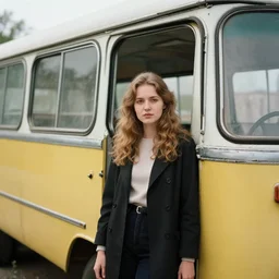 photo of a beautiful ukrainian girl in an old soviet bus, kodachrome