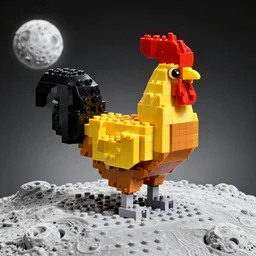 squared head rooster building a man made of legos on the moon