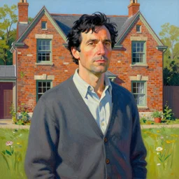 colorful painting of a middle aged man with black hair wearing a cardigan in front of an old brick house, charles camoin, artei freytag, trending on artstation, fantasy art