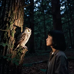 film still of nana komatsu spotting an owl in a dark forest in the style of twin peaks, directed by david lynch, night, multiple exposure
