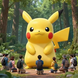 photograph of a group of people worshipping a giant pikachu in a forest