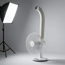 desk fan with a tube attached to the back leading to the top of the room, professional photography, studio lighting