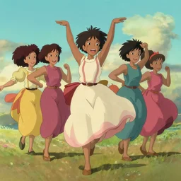colourful, beautiful black girls dancing ,in the style of studio Ghibli,