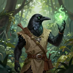 character concept portrait of a crow with human features, wearing druid vest, casting a conjuration spell in the nature of a jungle, digital painting, photoillustration, by ruan jia