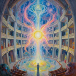 beautiful painting of the inside of a dmt cathedral filled with magical energy and infinite rooms by moebius and alex grey