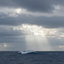 just simply a dramatic sky with interesting cloud formations and perhaps some light rays over a unknown sea with big waves, whales or such, thanks!