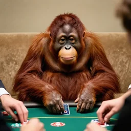 cute orangutan, sitting on the couch, like a human playing poker with his friends