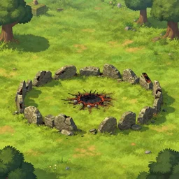 empty grass field with a burned down small stone circle, at midday, from a fantasy themed point and click 2 d graphic adventure game, art inspired by thomas kinkade,