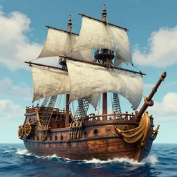 pirate ship at sea, amazing background, lowbrow, 3 - d, highly detailed, in the style of alexander jansson,
