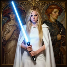 perfectly - centered - portrait of avril lavigne wearing white cloak holding light saber, intricate, highly detailed, digital painting, artstation, concept art, smooth, sharp focus, illustration, unreal engine 5, 8 k, art by artgerm and greg rutkowski and alphonse mucha