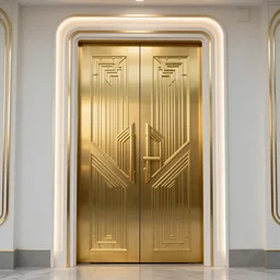 a gold and white art - deco sci - fi double door by stanley artgerm lau highly detailed, sharp focus, cinematic lighting, octane render, unreal engine lumen, very coherent. cinematic, hyper realism, high detail, octane render, 8 k