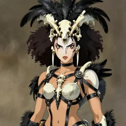 one fierce looking beautiful young woman with afro hair and symmetrical white makeup, mad max, black leather straps, wearing intricate bodysuit and headdress made from white bones and black feathers, painted by makoto shinkai, studio ghibli,