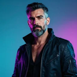 bust portrait of handsome proud man mid 3 0 s with short black hair with grey hair, piercing in eyebrow, very short full beard, cyberpunk, fashion editorial photography, neon color scheme, waist up, low angle