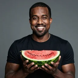 kanye west smiling holding watermelon, studio photograph, hd, studio