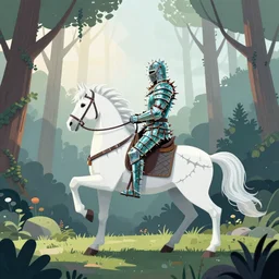 knight wearing armor made of thorns and glass rides a white unicorn into a forest clearing, illustration, radiant morning light, insometric, by greg rutkowski