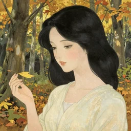 a beautiful illustration of a beautiful lady with black hair in a forest in autumn, style of yoshitaka amano and alfons mucha