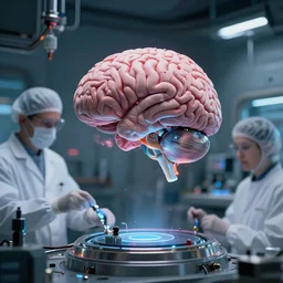 nordic extraterrestrial scientists designing an artificial human brain in their spaceship lab, hyper realistic, highly detailed, sharp focus, depth of field