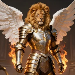 realism character portrait, bright armor male lion sorcerer with burning!!!!! + angel wings, ultra realistic, wide angle, intricate details, thunder artifacts, sharp focus, highly detailed by peter mohrbacher, hajime sorayama, wayne barlowe, boris vallejo, aaron horkey, gaston bussiere, craig mullins