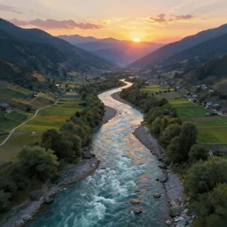 a river flowing through the mountains of italy, sunset aerial view, finely detailed, perfect art, painted by greg rutkowski makoto shinkai takashi takeuchi studio ghibli