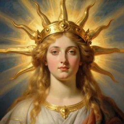 a beautiful portrait of a sun goddess with a golden crown, sunlight beams, god rays, by jules bastien - lepage, detailed, 8 k