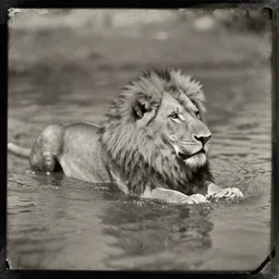 tintype photo of a lion swimming