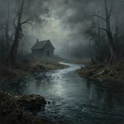 grunge painting of a horror river. in the distance, there is a haunted shed. by bob ross, albert bierstadt, grim, gothic, ominous, haunting, foggy background, immaculate scale, hyper - realistic, trending on artstation, 8 k, detailed, atmospheric, immaculate