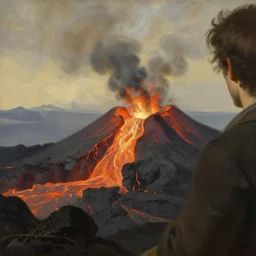 close up of a man on the brink of a volcano with flowing lava. painting by asher brown durand