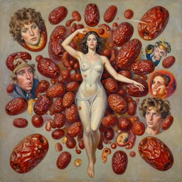epic painting of flying sweet dried dates fruit fractal portrait of beautiful goddess surrounded by amy leibowitz, wlop, jeremy lipkin, beeple, intricate, artgerm, ilya kuvshinov