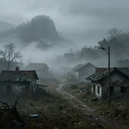 a strange misty village with abandoned houses and gloomy street lights, digital painting, highly detailed, concept art, trending on artstation, epic composition, sharp focus, flawless render, masterpiece, volumetric lighting, realistic