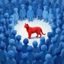 a red persin inside a giant heard of blue people, symbolist, visionary, dreamlike