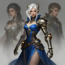 a highly detailed illustration of white haired steampunk woman with steampunk mechanical arm wearing blue dress, dramatic pose, art by artgerm and greg rutowski and ilya kuvshinov, intricate, elegant, highly detailed, centered, digital painting, artstation, concept art, smooth, sharp focus, league of legends concept art, wlop.