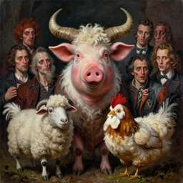 a hyper detailed painting of an anthropomorphic joaquin phoenix, cow horns, pig nose, sheep wool, chicken feathers, horror, by anna podedworna, by miklos ligeti, by diego maricato, by taran fiddler, by antonino truisi, by chris reddie, by jinsung lim, on artstation
