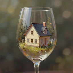a house inside a wine glass, bokeh, studio lighting, concept art, digital painting, oil painting, hyperrealistic, beautiful, highly detailed, artstation, cgsociety