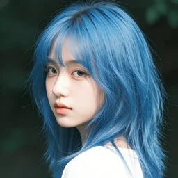 photograph of a young Japanese woman with messy blue hair