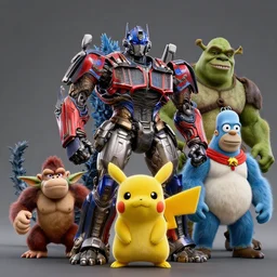 transformers godzilla yoda donkey kong pikachu yeti shrek super robot homer groot waluigi darth vader mike wazowski, highly detailed, extremely high quality, hd, 4 k, 8 k, professional photographer, 4 0 mp, lifelike, top - rated, award winning, cinematic, realistic, detailed lighting, detailed shadows, sharp, no blur, edited, corrected, trending