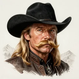 john wayne, cowboy portrait male, olive skin, huge blond moustache, long blond hair, black stetson hat, moutain, intricate, elegant, highly detailed, digital painting, artstation, concept art, smooth, sharp focus, illustration, artgerm, rutkowski, briclot