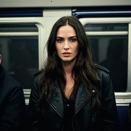fujifilm superia photo portrait of megan fox in the london subway, gloomy, grainy