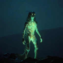 the strange glowing creature, on the mountain, film still from the movie directed by denis villeneuve with art direction by bernie wrightson and tim white