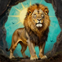 close up of muscular lion barbarian hunter full body in smiling portrait pose, sun rays , small bird sihouettes  in cyan background , very textured detailed  oil painting by rembrandt , hard backlight , in dark cave