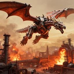 a gigantic mechanical dragon flying over a factory, maschinen krieger, ilm, beeple, star citizen halo, mass effect, transformers, elysium, iron smelting pits, high tech industrial, warm saturated colours