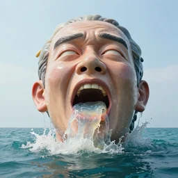 a massive funny sculpture of a jelly distorted human face vomiting jelly from his mouth, on the ocean water, in the style of johnson tsang, funny sculpture, lucid dream series, cinematic, hyper - realistic, very detailed, realistic water splashes, ray tracing, 8 k resolution, long - shot, sharp focus, low angle, 8 5 mm photograph, wide lens