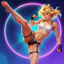 ! dream dynamic pose of a blonde fighter with stirrups kicking, neon background, highly detailed, digital painting, artstation, concept art, sharp focus, illustration, art by artgerm and greg rutkowski and alphonse mucha