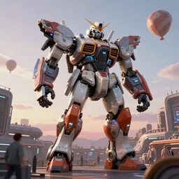 a beautiful hyperrealistic ultradetailed 3 d render of a gigantic mecha guarding a sci - fi spaceport, by jeremy mann : 3, mech, unreal engine, octane render, gigantic, unreal engine, octane render, 3 d, brilliantly coloured, intricate, ultra wide angle, trending on artstation, dusk, volumetric lighting, hdr, polished, micro details, ray tracing, 8 k : 2, people, sphere, balloon, blurry, blur, depth of field, dof, bokeh, obscured, macro : - 1