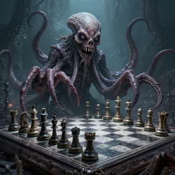 creepy eldritch horror chess set, hyper real, digital art, very detailed, 4 k, tentacle figures