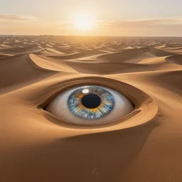 wide!!! landscape photo of sand dunes that resemble the shape of a human pupil!! and iris!!!, high detail, drone photo, golden hour, medium format