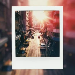 analog vintage photography portrait polaroid of a hongkong city street, drone footage, lensflare, red color bleed, heavy film grain, bloom, glow