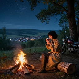 A panoramic photograph of a girl with short black hair in a tan tenchcoat sitting on a log and drinking tea by the campfire under the stars at night in a grove, motorcycle parked against a tree, large landscape with a village in the valley, ray tracing cinematic trailer, Jakub Rozalski