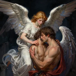 angel protecting man, detailed intricate illustration, dark atmosphere, detailed illustration, hd, 4 k, digital art, overdetailed art, by greg rutkowski, by loish, complementing colors, trending on artstation, deviantart
