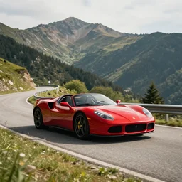 red barchetta driving up a mountain, cinematic, realistic